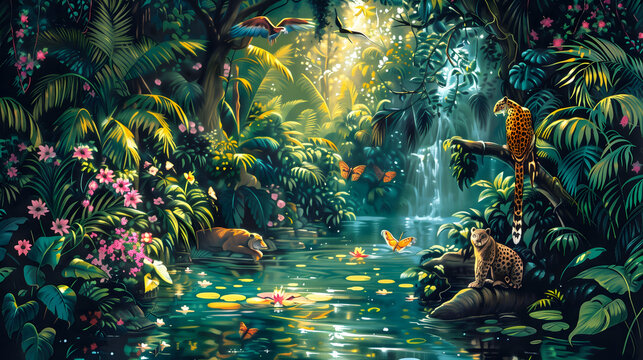 Dibujo de selva tropical con plantas y animales, lores, tucanes.