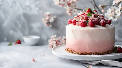 Elegant Raspberry Strawberry Cake, Delicate Dessert with Fresh Berries, Sakura Romantic Celebration