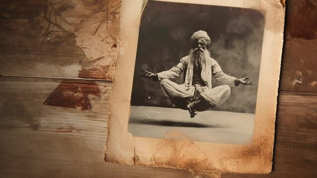 Photo of an old Hindu guru in India with beard, tunic, and turban levitating above the ground. Antique black and white photograph with sepia tone about religion, science, and parapsychology.