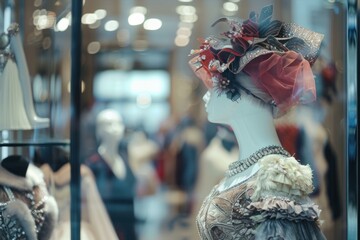 Obraz premium A mannequin adorned with a decorative hat and vintage dress showcases luxury fashion