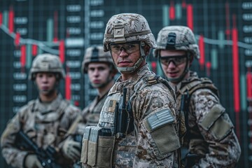 Fototapeta premium A group of serious soldiers stand in formation with a digital stock market readout in the background