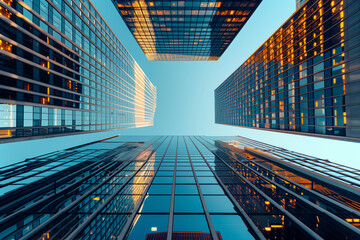 A city skyline at dusk, skyscrapers with glass facades reflecting the city lights and sky. Minimal creative urban concept