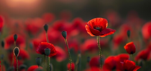 Fototapeta premium soft focus with bokeh morning wildflower red Poppy field, beautiful nature spring summer field background with copy space