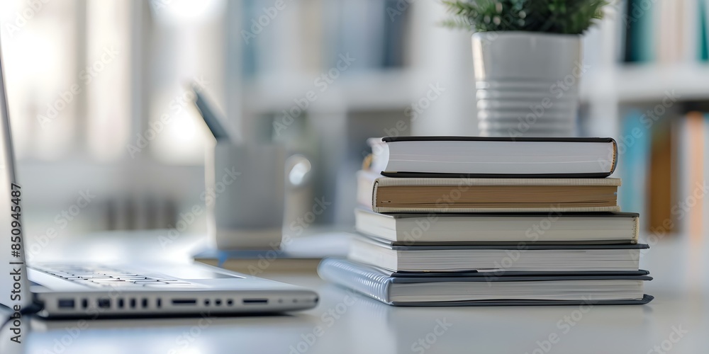 Poster closeup of textbooks on desk showing heavy workload from virtual classes. concept virtual learning, 