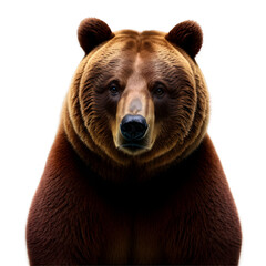 A striking image of a brown bear sitting upright, displaying its massive size and powerful build. The bear's rich, thick fur is meticulously detailed, showcasing shades of brown and a glossy texture