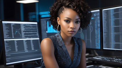 Portrait of a black African American female IT specialist analysing data information technology