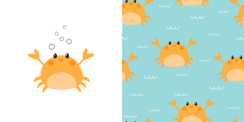  Cute crab card and seamless pattern. Background for kids with crabs and waves. Summer vector illustration. It can be used for wallpapers, wrapping, cards, patterns for clothes and other. © Evalinda