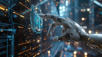 A robotic hand interacts with a futuristic interface, highlighting the advancements of artificial intelligence and technology.