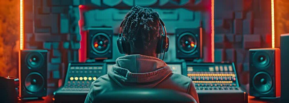 A budding rapper is in a soundproof studio recording a new song.