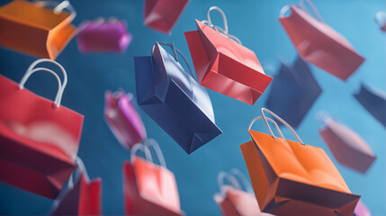 Floating Shopping Bags in Motion, Online Retail and E-commerce Marketing Promotion Concept, Dynamic Consumerism, Black Friday Promo Sale