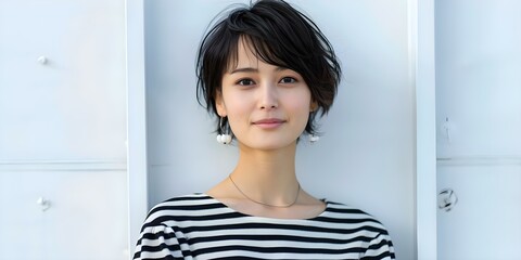 Portrait of Japanese woman in striped dress with pixie cut hairstyle. Concept Japanese Fashion, Striped Dress, Pixie Cut, Portrait Photography, Style Inspiration