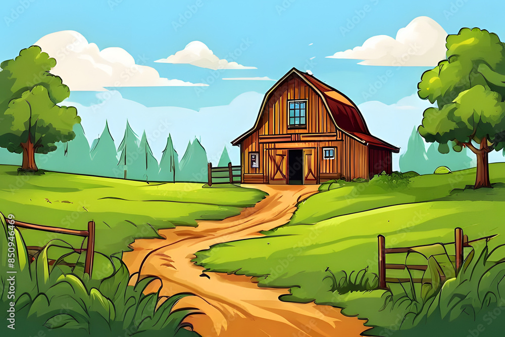 Poster This charming cartoon scene unfolds with a classic red barn nestled amidst lush green fields. 