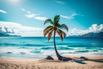 Obraz premium Palm tree on the beach with the view of the sea.
