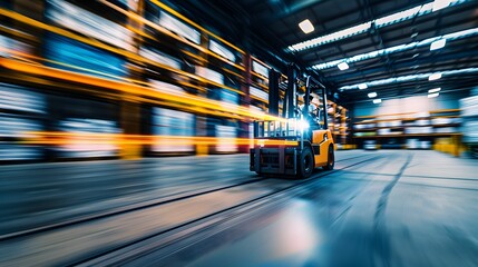 a dynamic and high-energy photograph of a forklift driving through a bustling warehouse, using a long time exposure to emphasize the movement and efficiency of the operation