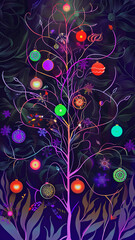 Christmas neon tree decorated with balls on a purple background of intertwining wildflowers, art nouveau style