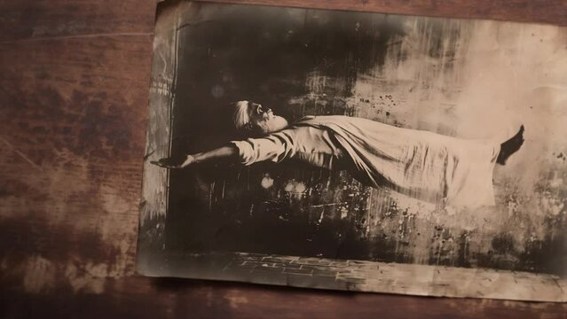 Old monk in a robe levitating horizontally with outstretched arms, not touching the ground. Old photograph of a paranormal mystical phenomenon in an Eastern culture.