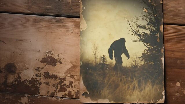 Vintage old photograph in sepia tone with the silhouette of a Bigfoot or Yeti walking on the slope of a wooded mountain, with trees around. Cryptozoology and belief in supernatural beings.