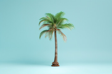 Obraz premium A simple palm tree with green leaves at the top and brown trunk at its base. A 3D paper illustration of an island in a blue background.