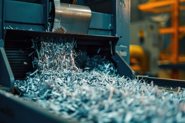 A conveyor belt with a pile of shredded paper, suitable for use in illustrations about work or office scenes