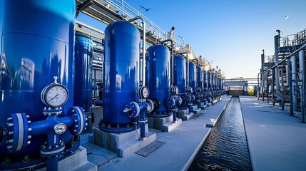 Fototapeta premium Industrial Facility with Blue Machinery and Piping in a Clear Sky Day Setting