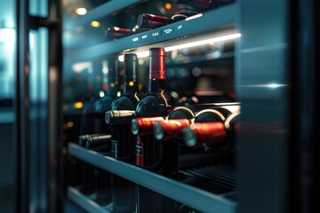 Fototapeta premium A fully stocked wine refrigerator with many wine bottles