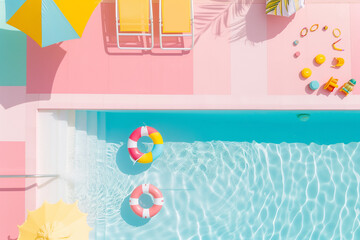  flat lay of a swimming pool with beach accessories against a pastel pink background.Minimal creative summer vacation concept.