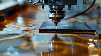 A machine is cutting a piece of metal with a drill