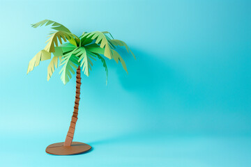 A simple palm tree with green leaves at the top and brown trunk at its base. A 3D paper illustration of an island in a blue background.