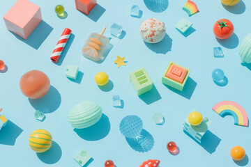 3d isometric illustrations of summer objects scattered on blue background, include elements like ice cream ,flamingo , lemon and watermelon.Minimal creative summer vacation concept.Flat lay