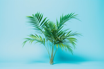 A simple palm tree with green leaves at the top and brown trunk at its base. 