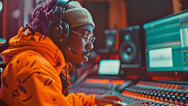 A budding rapper is in a soundproof studio recording a new song.