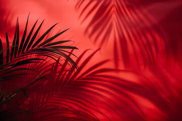 Red background with palm leaves and their shadows. Minimal creative nature and advertising concept