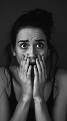 a 25-year-old woman covers her mouth in shock, picture in black and white 