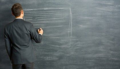 A businessman is drawing or writing on a chalkboard with space for text or graphics