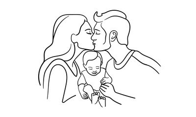 Father kisses mother, happy family, newborn continuous line art drawing isolated on white background. Vector illustration
