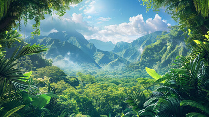 A lush green jungle with mountains in the background