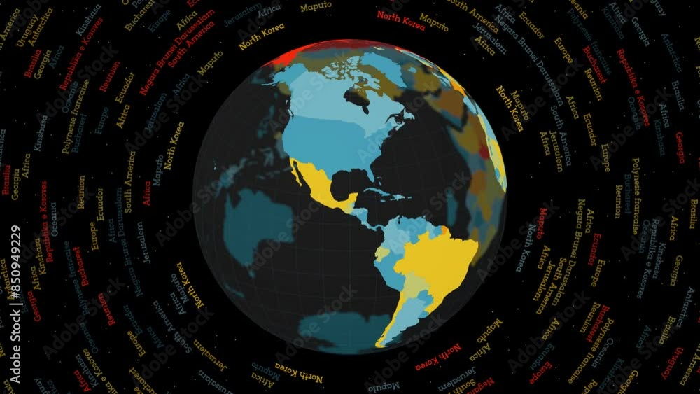Poster rotating globe. dark translucent globe with round geographical names text. attractive spinning plane
