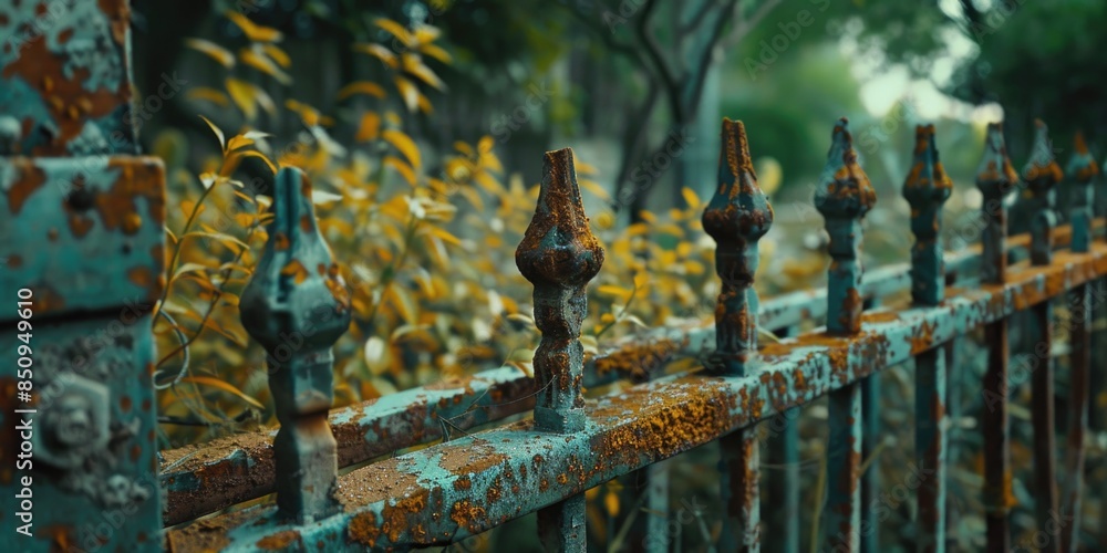 Poster a rusty old fence with a tree standing tall in the background