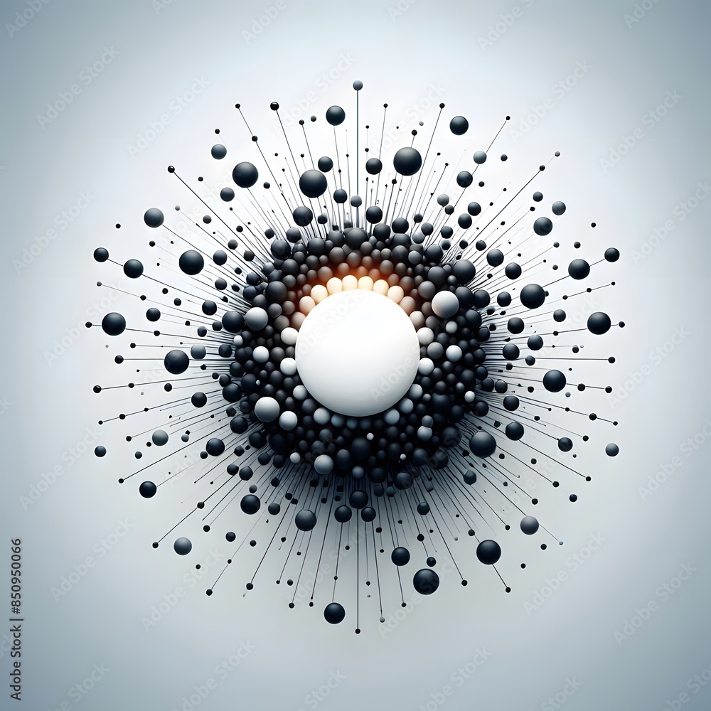 Poster a central bright white circle surrounded by numerous black spheres arranged in a radial pattern gene