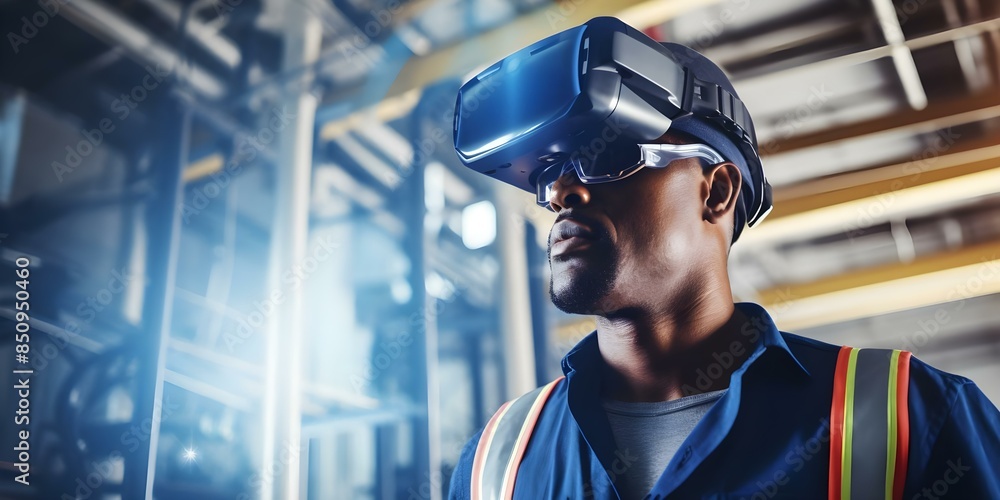 Poster industrial engineer uses vr goggles to optimize factory layouts and workflows efficiently. concept i