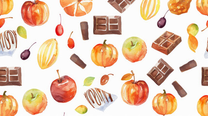 A watercolor painting of various fruits and chocolates