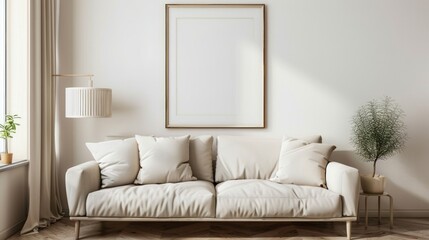 Frame mockup, Living room interior wall in bright tones.