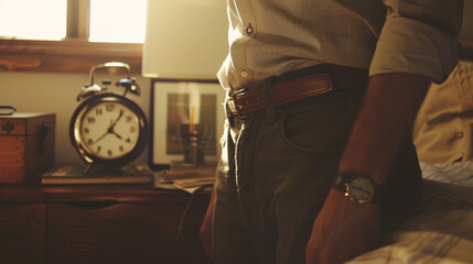 A man is standing in front of a clock and wearing a watch