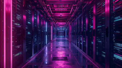 Fototapeta premium A long hallway with neon lights and a pink and blue color scheme