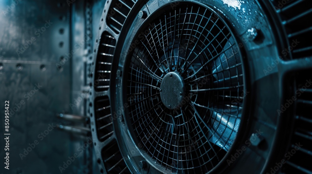 Poster a close-up view of a fan spinning inside a building