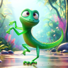 Fototapeta premium 3D funny green slender iguana cartoon in forest. Funny illustration of wild animals for children's cards