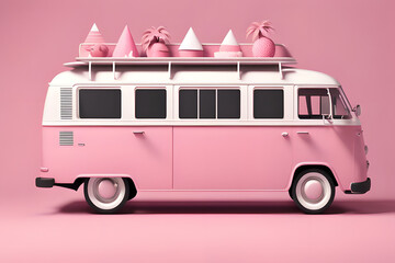 A bright pink van covered in pink objects, possibly ice cream treats, sits on a beach with blue waves lapping at the shore.
The whimsical scene evokes feelings of summer, fun.