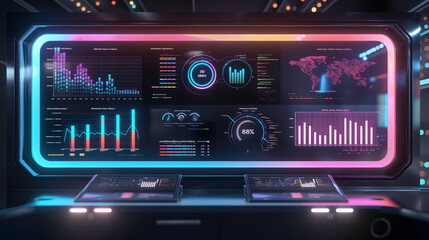 Futuristic control room with glowing screen displaying data and graphs.