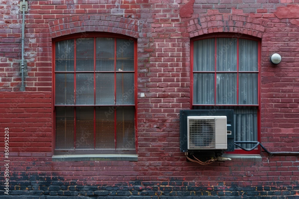 Poster a simple brick building with two windows and a small air conditioner unit installed