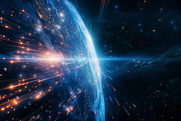 Obraz premium A planet with a bright blue sky and a bright orange and white star